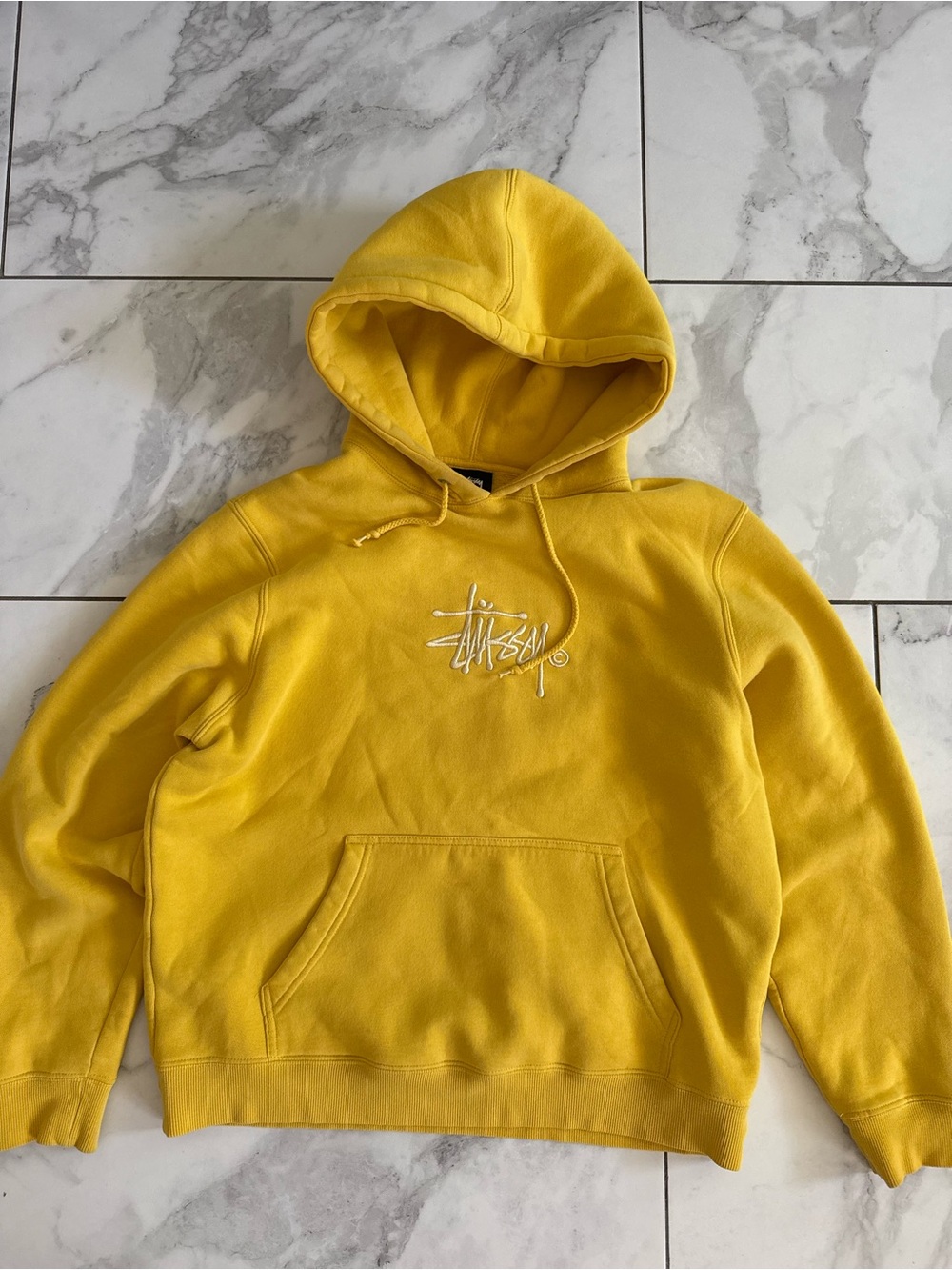 Stussy Yellow Hoodie Embroidered Logo Boxy Fit Thick Heavyweight Streetwear y2k